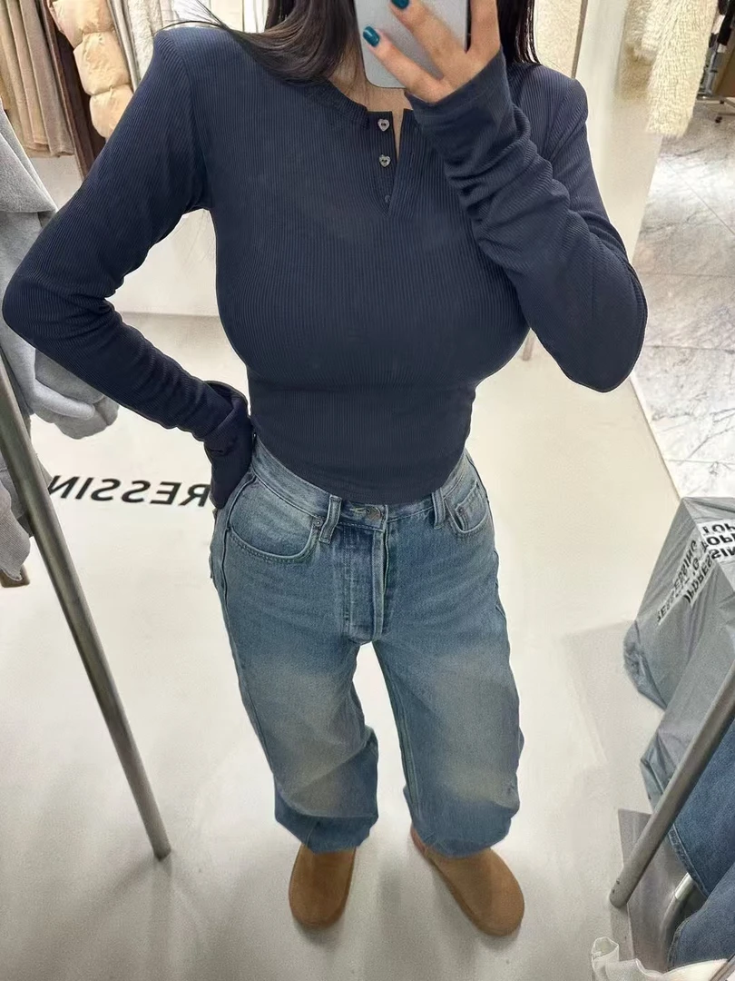 韩国东大门正品阿美韩国女装新款垫肩修身显瘦爱心扣弧形边垫肩t