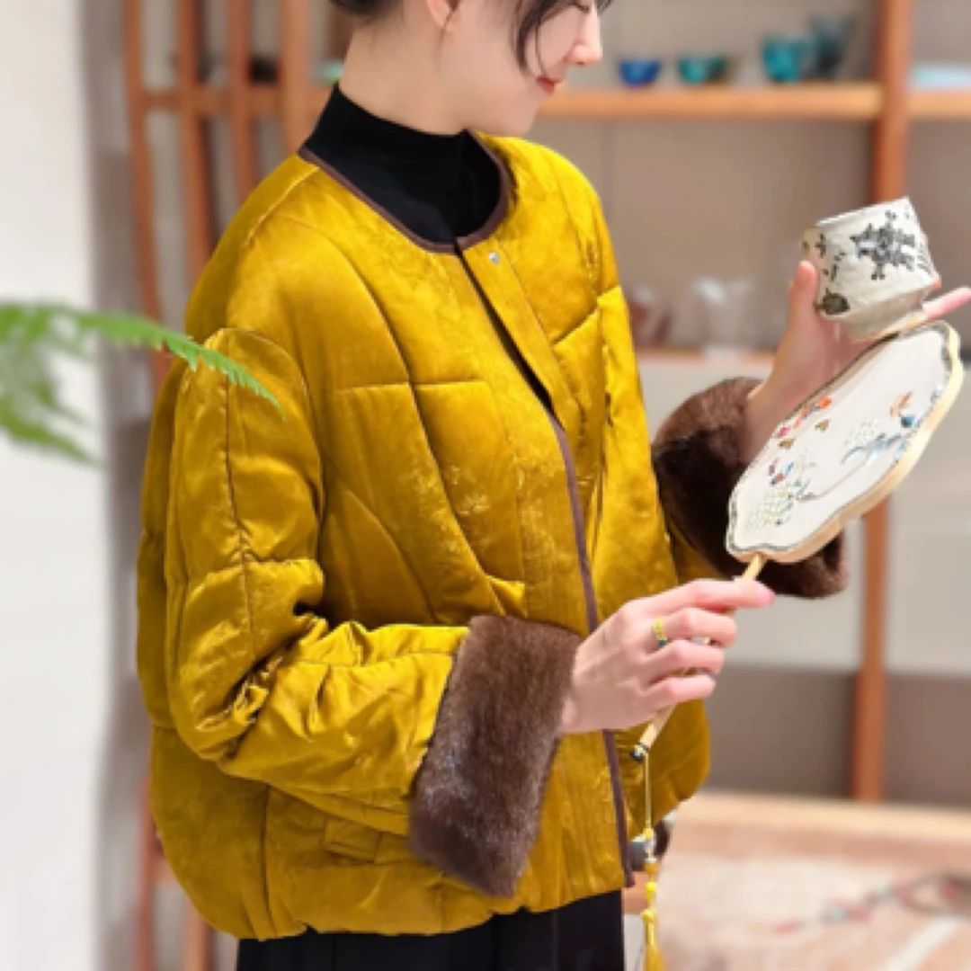 白鹅绒水貂毛高端提花复古新中式轻国风皮草羽绒服女2025冬季新款