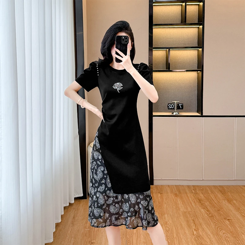 高级感碎花雪纺拼接黑色圆领泡泡袖连衣裙2025夏季气质显瘦裙子