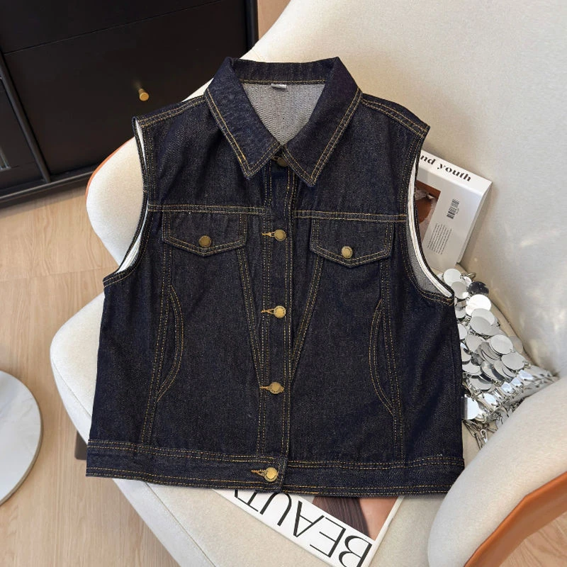 韩系女士叠穿牛仔马甲外套2025春秋新款复古水洗做旧翻领马夹背心