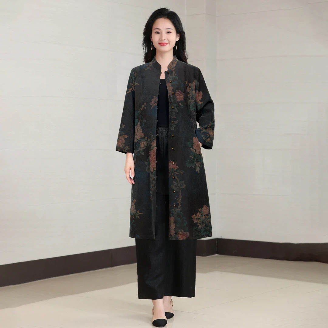 D2026L8A16-1真丝龟裂纹香云纱风衣女装中国风秋季新款纯色外套
