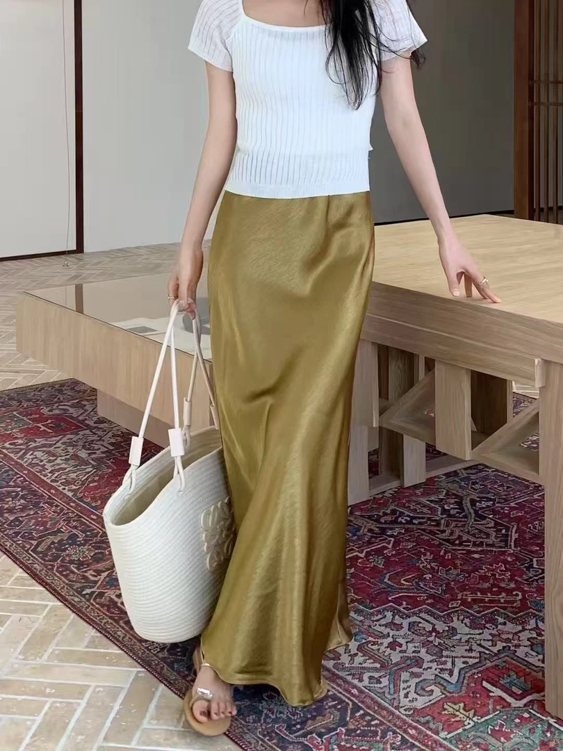 夏季新款醋酸缎面高腰显瘦鱼尾半身裙气质百搭