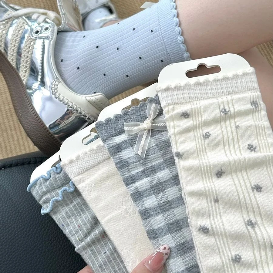 灰蓝色系透气学院夏季薄款可爱日系蝴蝶结袜子中筒ins花边堆堆袜