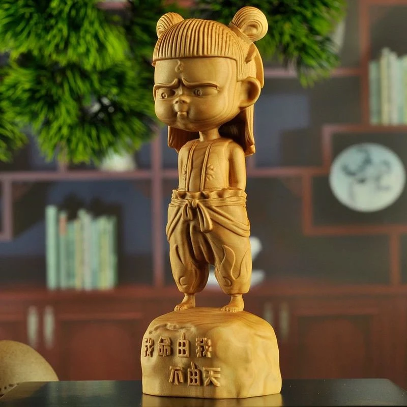 黄杨木雕魔童哪吒雕刻可爱降世三太子家居实木汽车桌面小摆件礼品