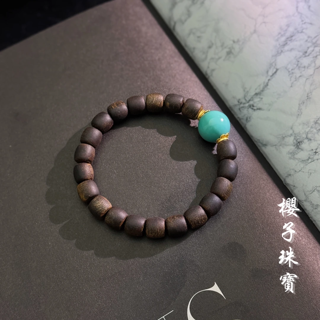 樱子 | 凌语 奇楠沉水沉香18K玉化蓝绿松石顶珠时尚手串*YZCS1739
