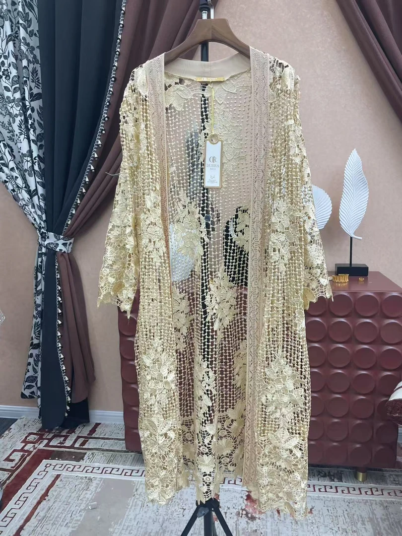 【A102】时尚新款民族风迪拜土耳其重工服饰米色长款连衣裙