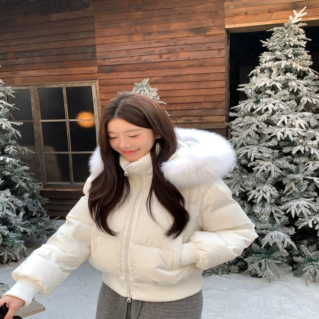 【芬兰雪境】狐狸毛真毛领短款羽绒服-9656（帽子可拆卸）