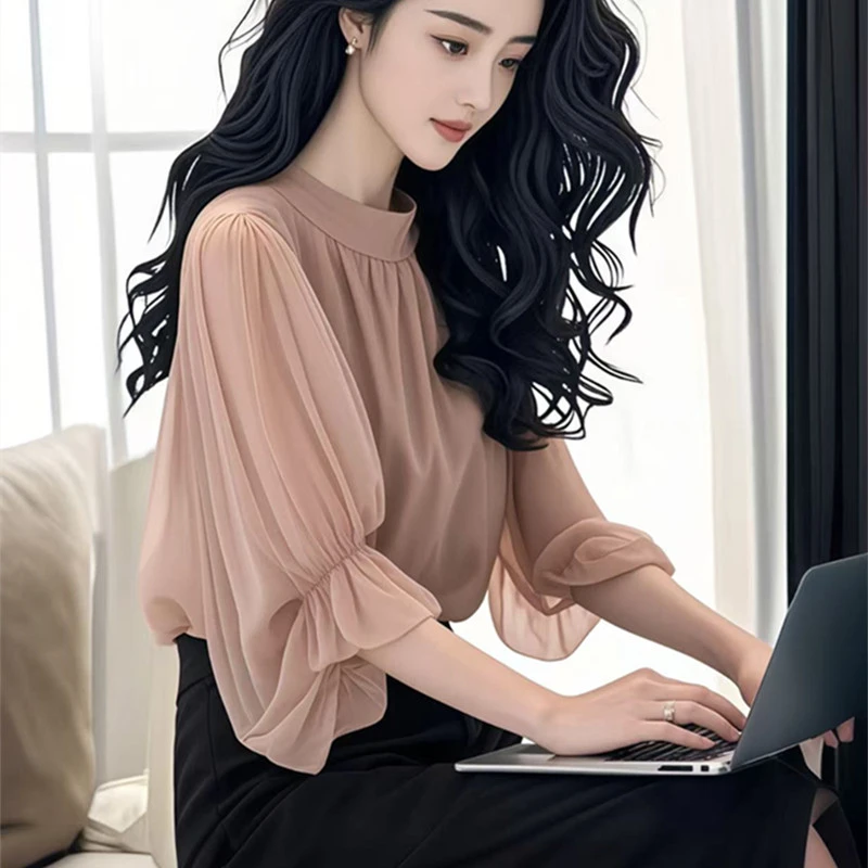 哥弟阿玛施正夏季气质优雅雪纺七分袖衬衫老钱风松弛感女装贵气