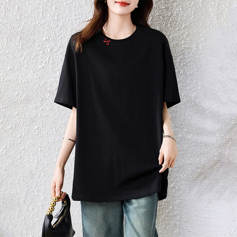 【女神新衣】高级感气质短袖T恤女2025夏新款中长款宽松显瘦上衣