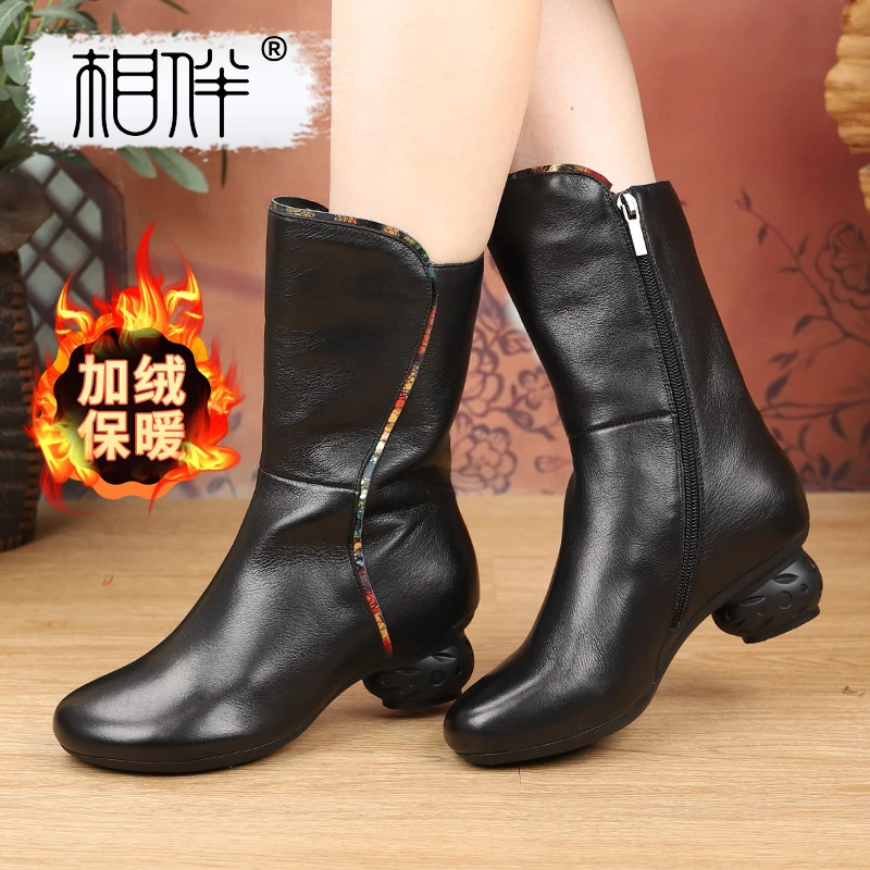 相伴复古真皮牛皮女士粗跟长靴民族风刺绣中老年加绒国风靴53333