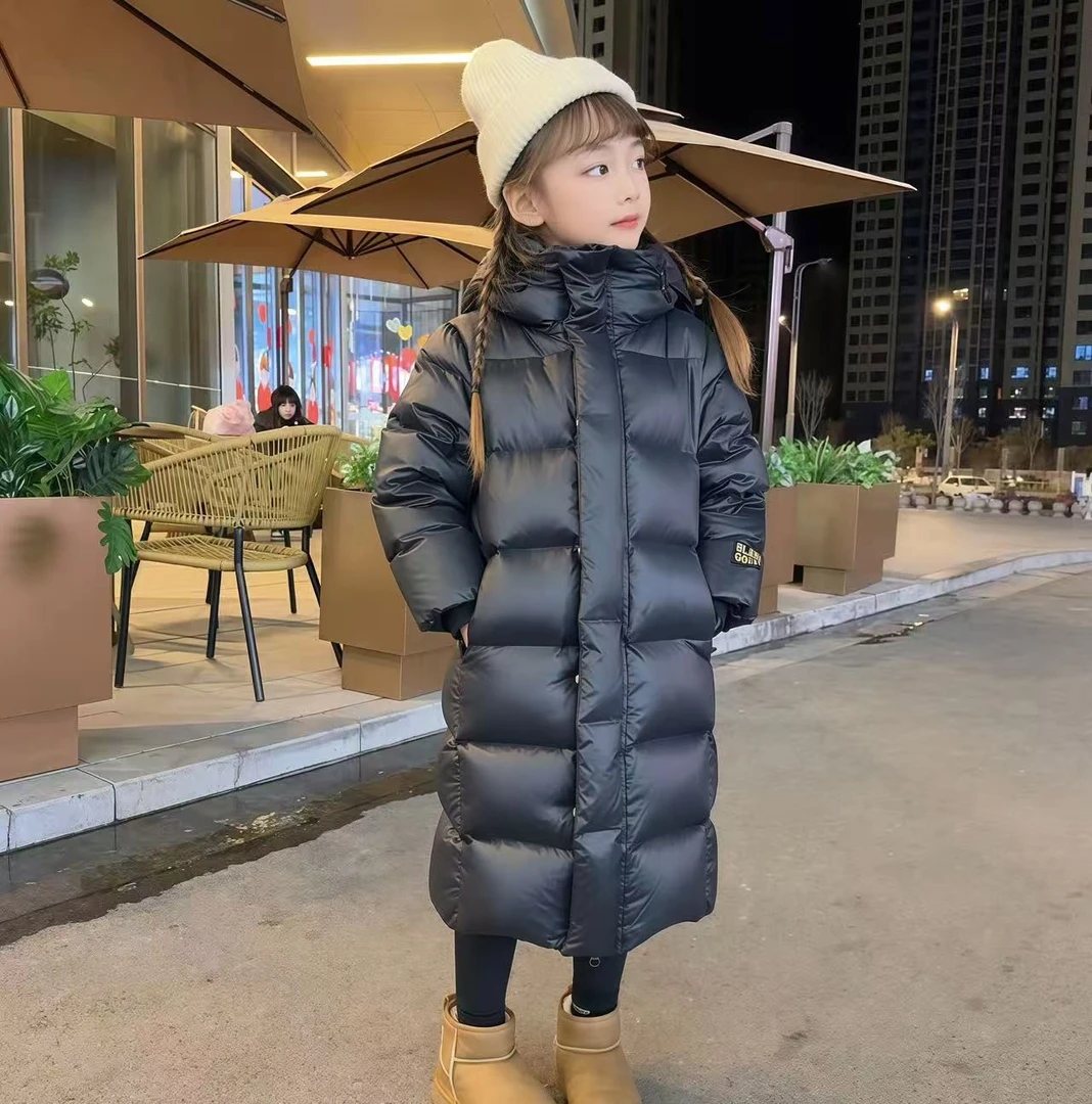 儿童冬季中长款加厚保暖羽绒服中大童小童洋气黑色连帽防寒外套
