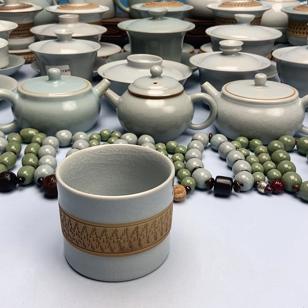 杯仿古重工跳刀月白釉直跳杯原矿原釉原产地