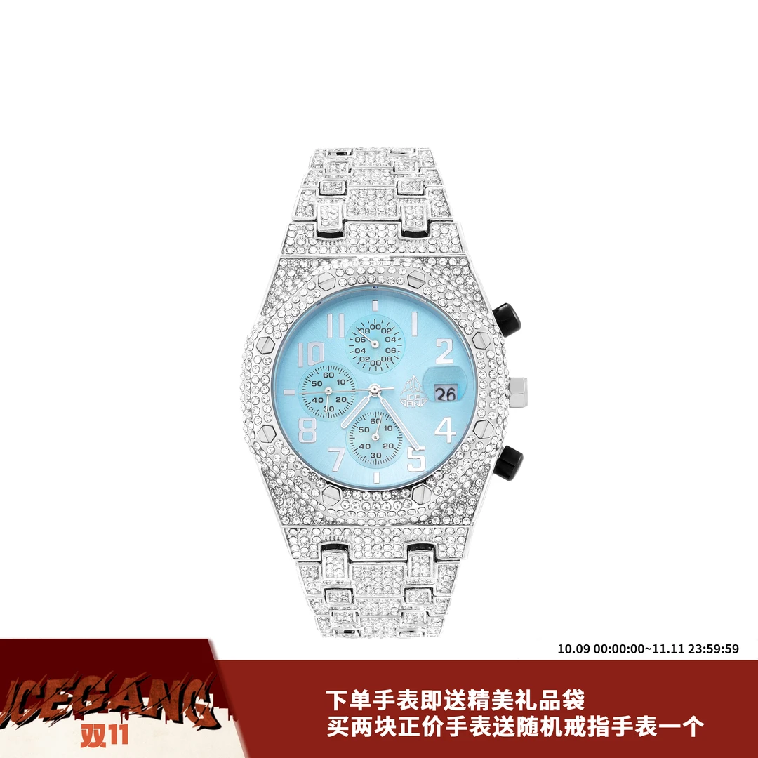 ICEGANG马尔代夫蓝满钻三眼石英腕表男女同款时尚配饰百搭手表