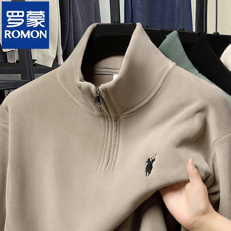 罗蒙秋冬款长袖半拉链卫衣休闲立领刺绣打底衫男士时尚百搭抓绒衣