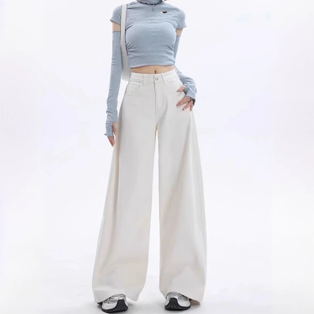 美式垂感白色a字阔腿牛仔裤2025春秋新款高腰宽松显瘦高街甩甩裤