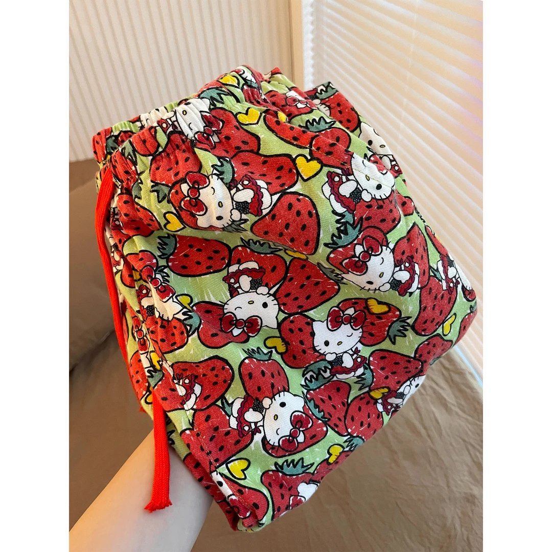 韩系红色Kitty草莓印花睡裤女秋冬休闲风宽松家居裤可遛弯长裤子