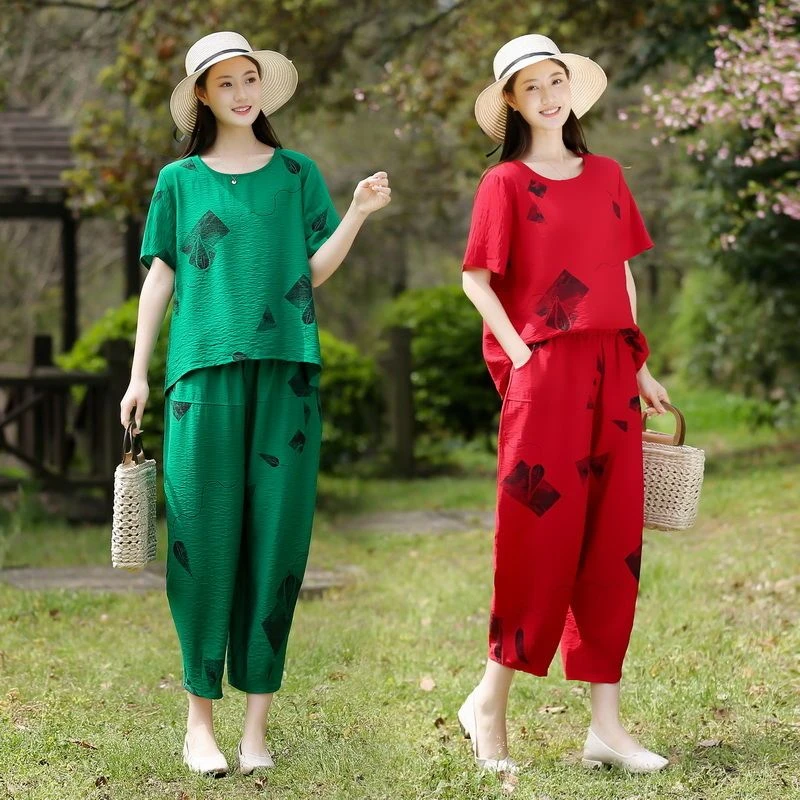 II中年妈妈两件套夏装洋气短袖上衣大码宽松中老年时尚减龄套装