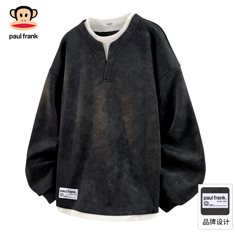 PaulFrank/大嘴猴新款假两件长袖圆领卫衣男秋季美式扎染休闲上衣