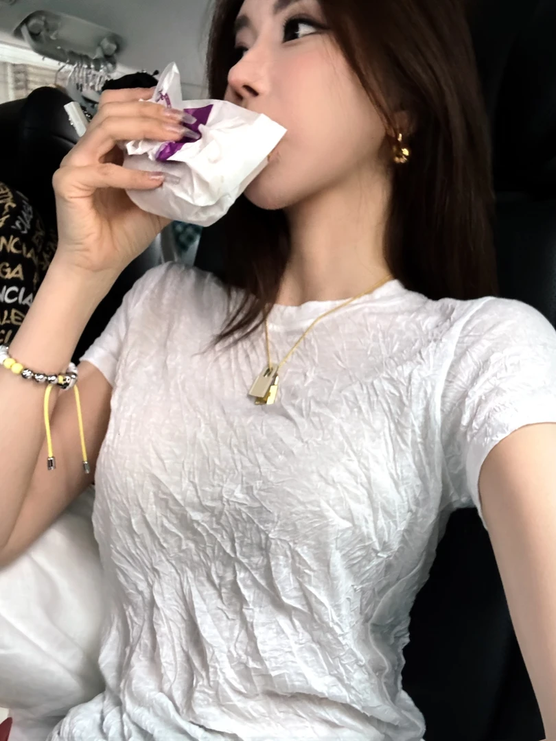 婉君【皱皱T】气质百搭上衣夏季抓褶休闲半袖修身T恤 LWJ25B2T1579