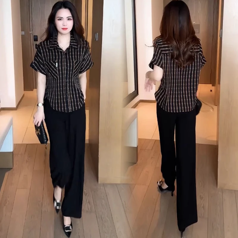 时尚衬衫女2025夏季新款洋气减龄宽松显瘦百搭条纹印花短袖上衣潮