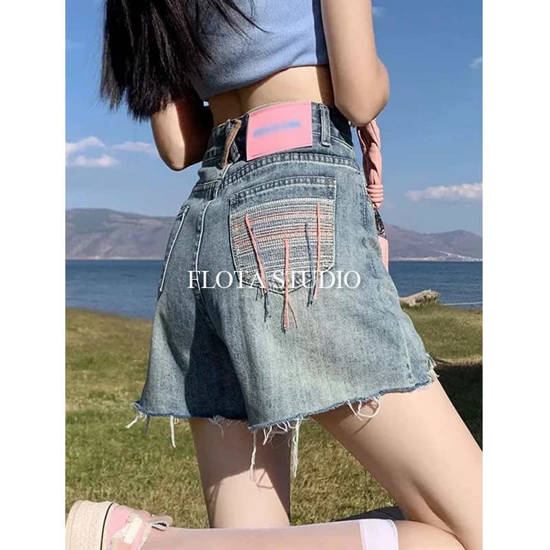 【flota】夏季绑带流苏显瘦高腰牛仔短裤女韩系毛边百搭外穿853