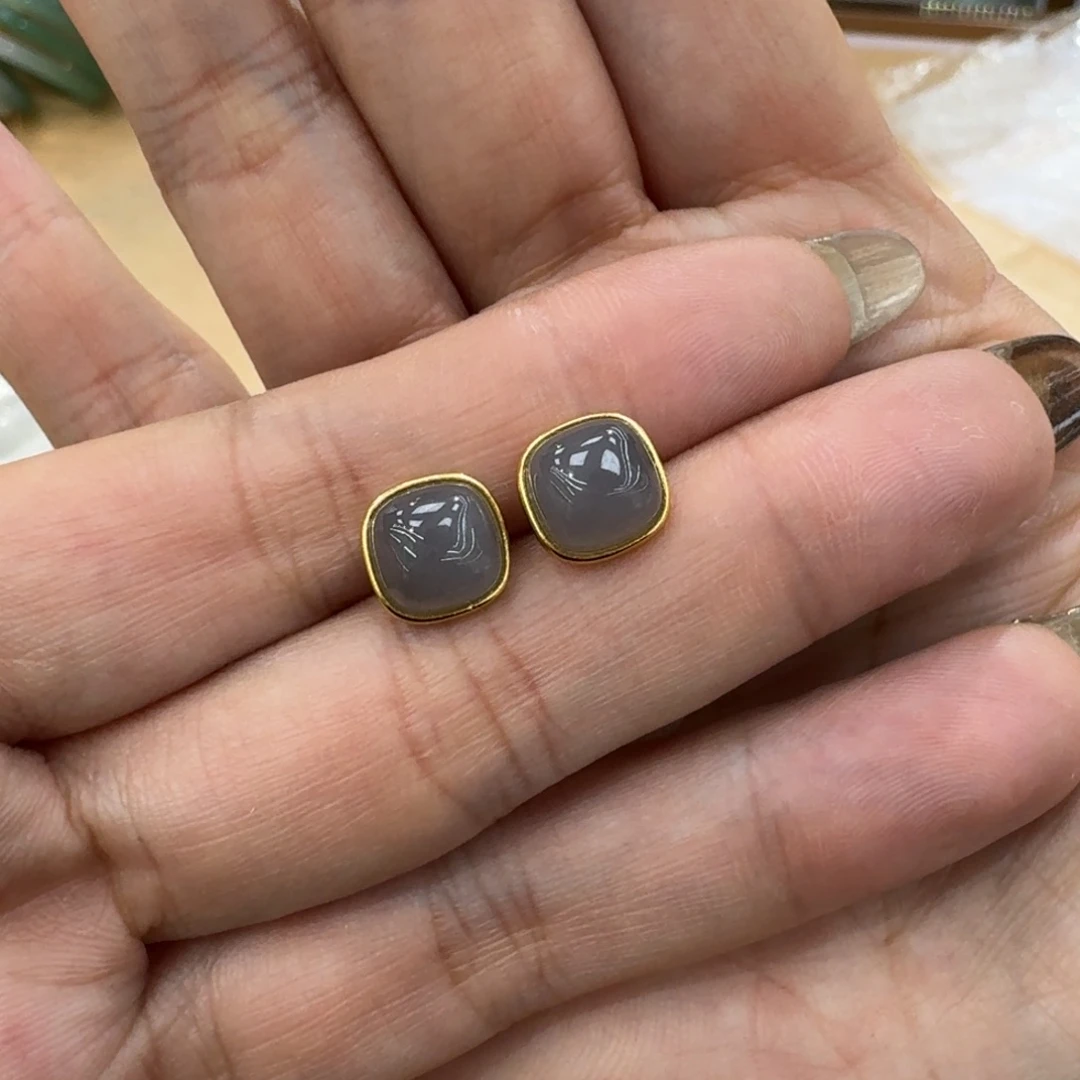 和田玉银S925镀金镶嵌耳饰