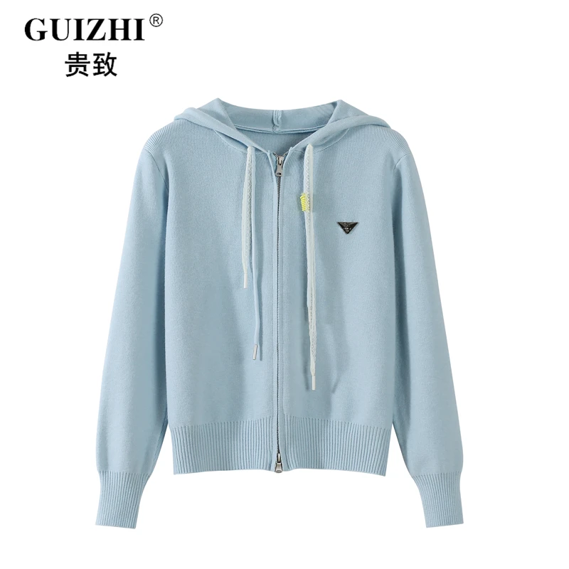 2025秋新款纯色双拉链连帽针织开衫女抽绳蕾丝设计感显瘦百搭毛衣