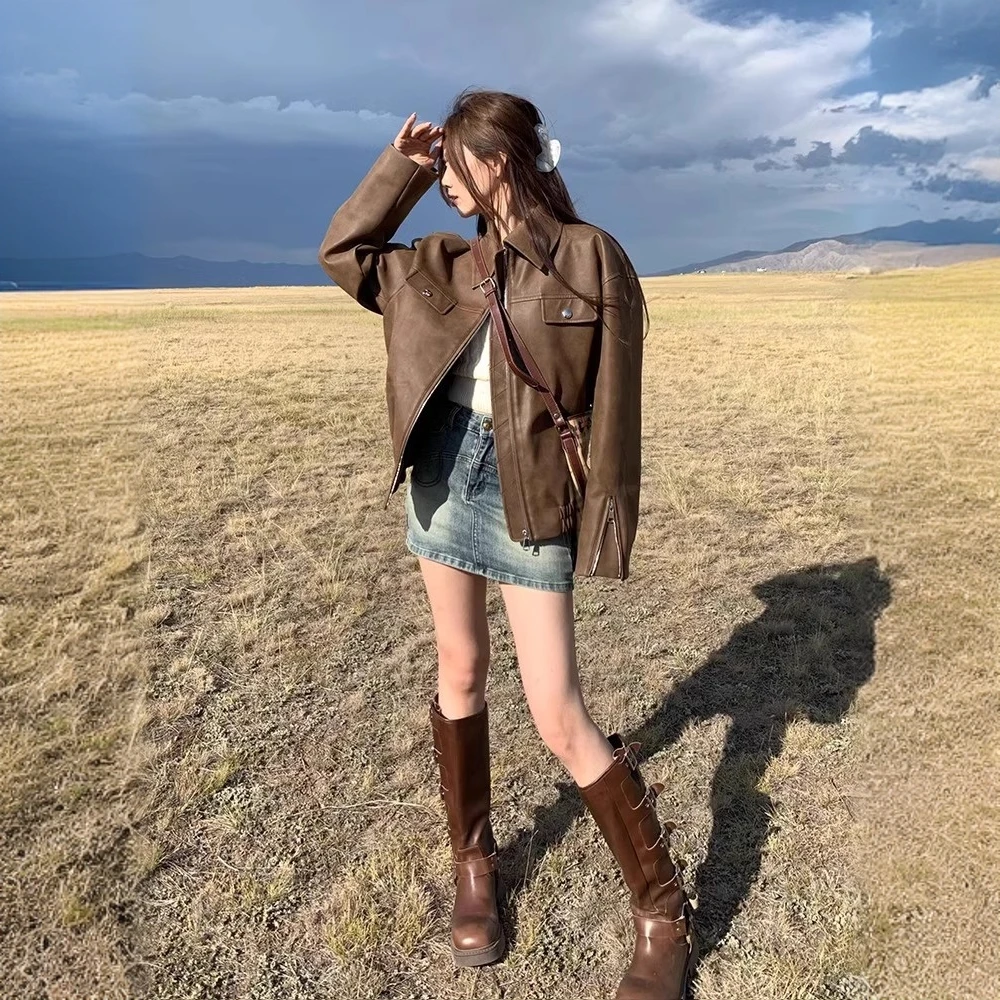 2025超火外套皮衣女棕色春秋皮衣美式皮夹克开春高级感外套高级感