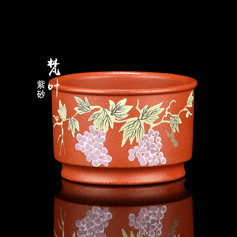 宜兴紫砂主人杯手工刻绘泥绘品茗杯红降坡紫气东来德忠杯150cc