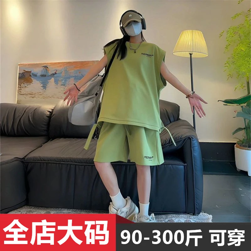 无袖运动套装男夏季时尚休闲宽松大码透气凉感情侣坎肩背心体恤衫