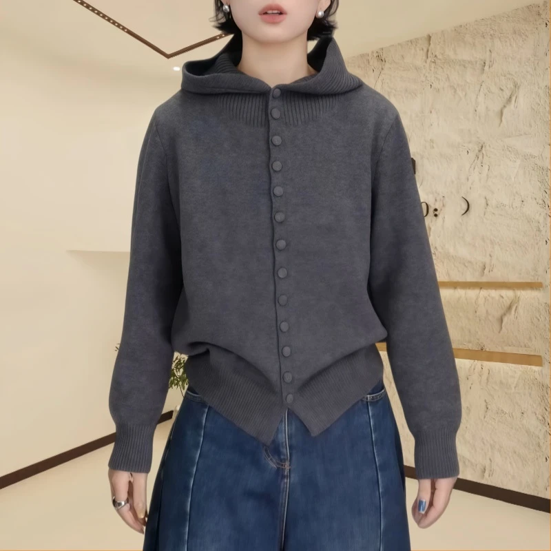 秋冬新款连帽毛衣开衫女针织上衣纯色修身显瘦单排扣百搭打底衫