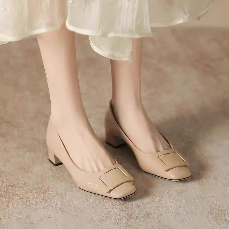 轻奢优雅粗跟方扣舒适柔软方跟女鞋
