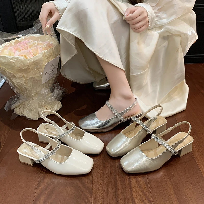 水钻方头凉鞋2025夏季新款韩版中跟粗跟高跟鞋包头透气后绊带单鞋