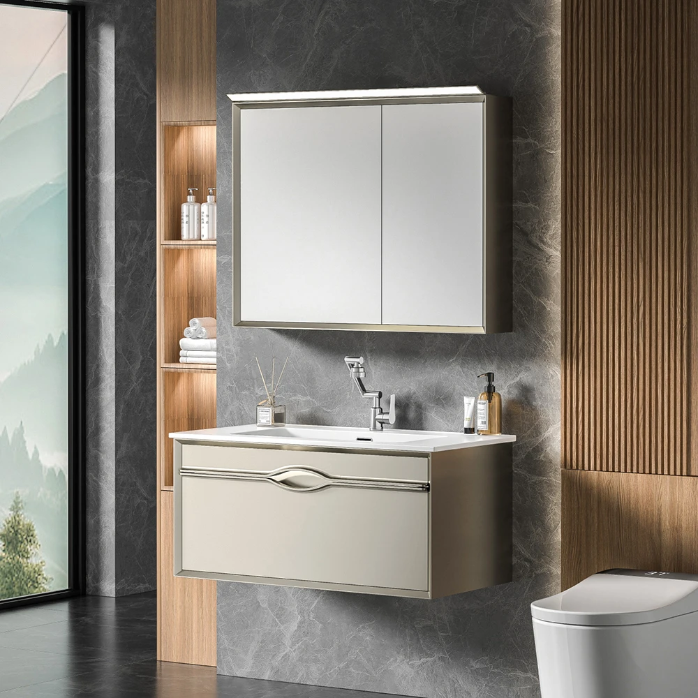 卫小二K640鎏晶石轻奢浴室柜定制防潮烤漆悬挂式一体镜柜组合