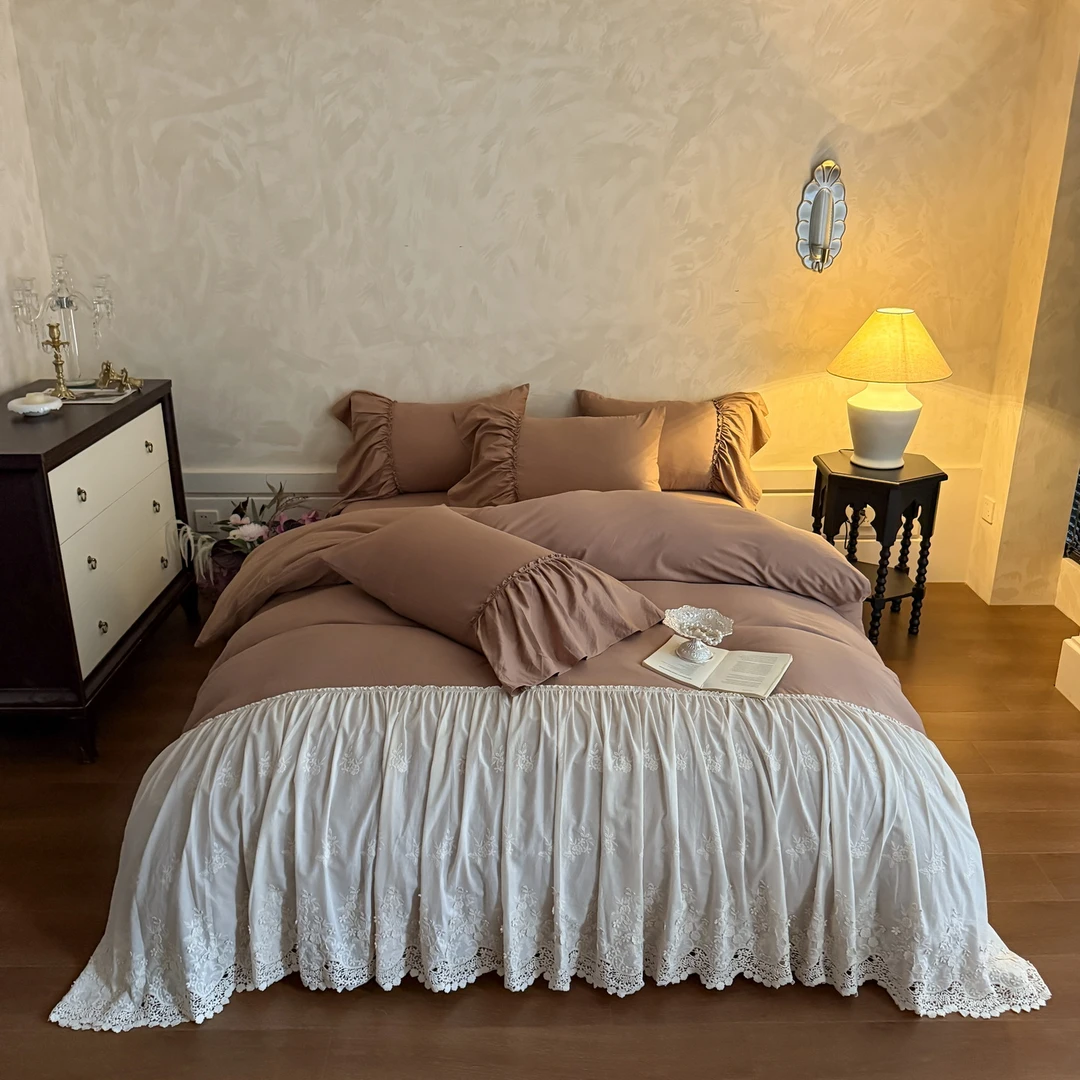 韩版纯棉花边款加厚原棉四件套轻奢复古超柔软透气被套纯色床单款