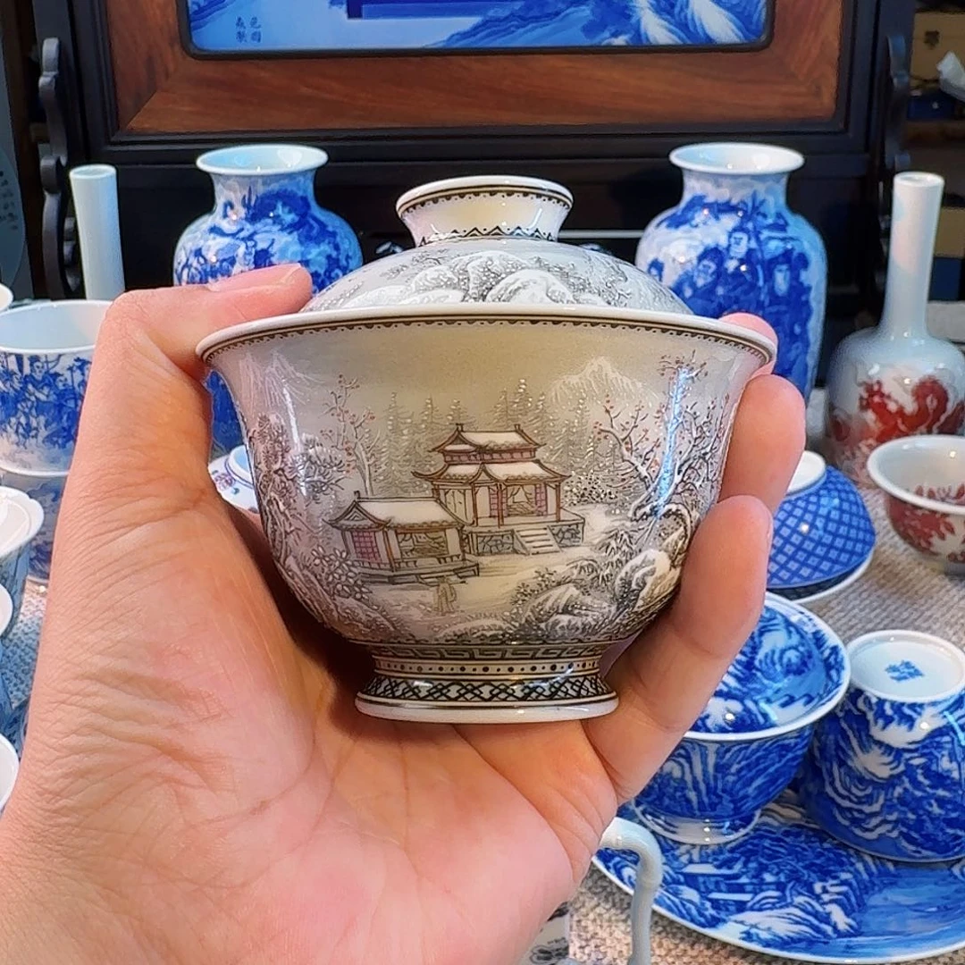 九***隱三件套，盖碗壶乘杯子，纯手绘