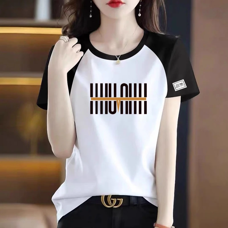 纯棉短袖t恤女夏季新款宽松大码胖mm体恤衫休闲百搭洋气撞色上衣