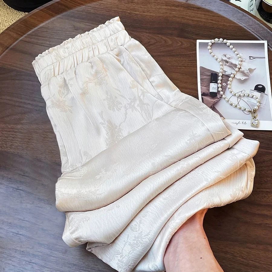 新中式缎面提花阔腿裤女2025秋冬新款高腰宽松显瘦直筒休闲拖地裤
