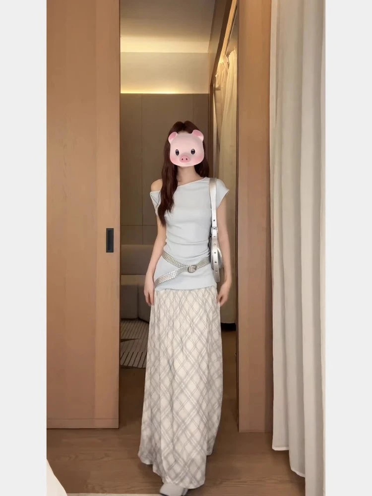 韩版时尚气质套装女夏季斜肩显瘦上衣出游穿搭新款格纹半身裙