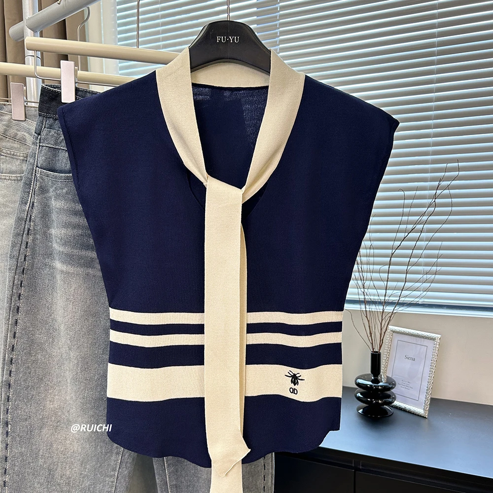 韩系2025夏季慵懒气质领带条纹小蜜蜂刺绣无袖显瘦短针织衫上衣女