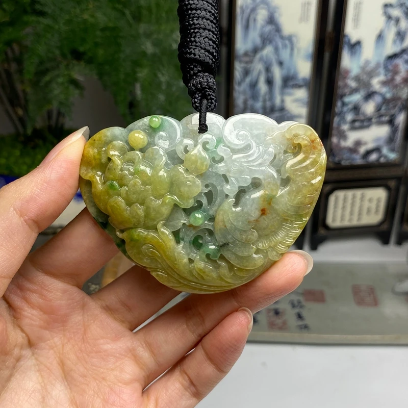 老料黄加绿凤穿牡丹玉横挂件 天然翡翠A货