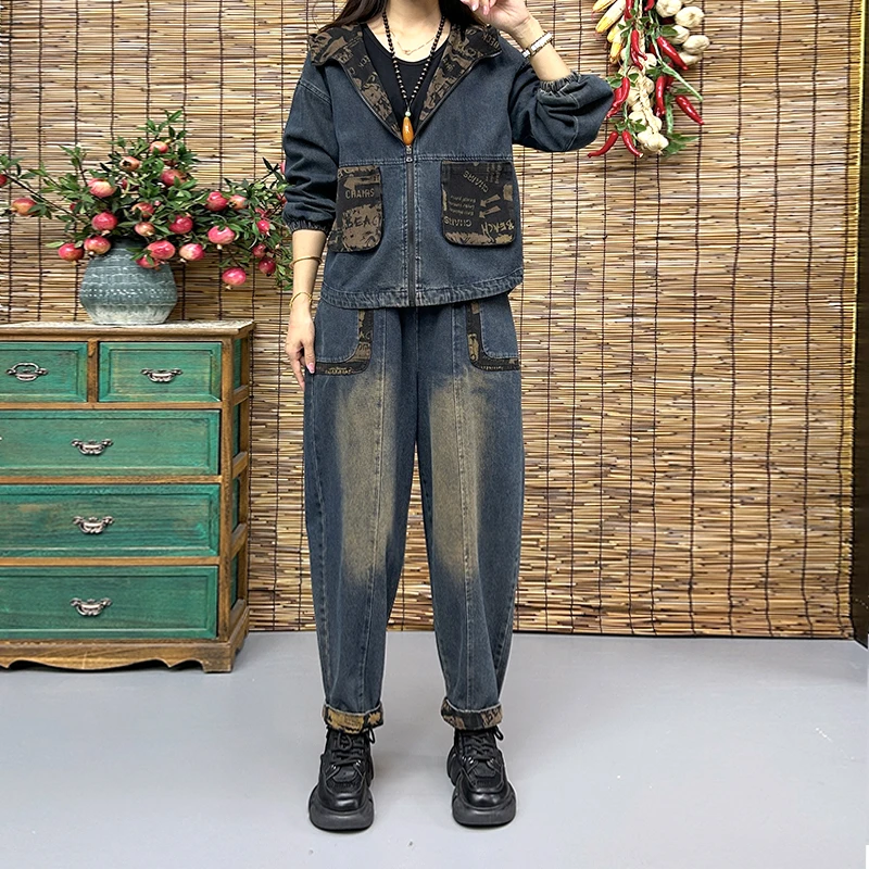时尚春秋中老年服饰套装百搭大码显瘦牛仔休闲复古宽松洋气拼接