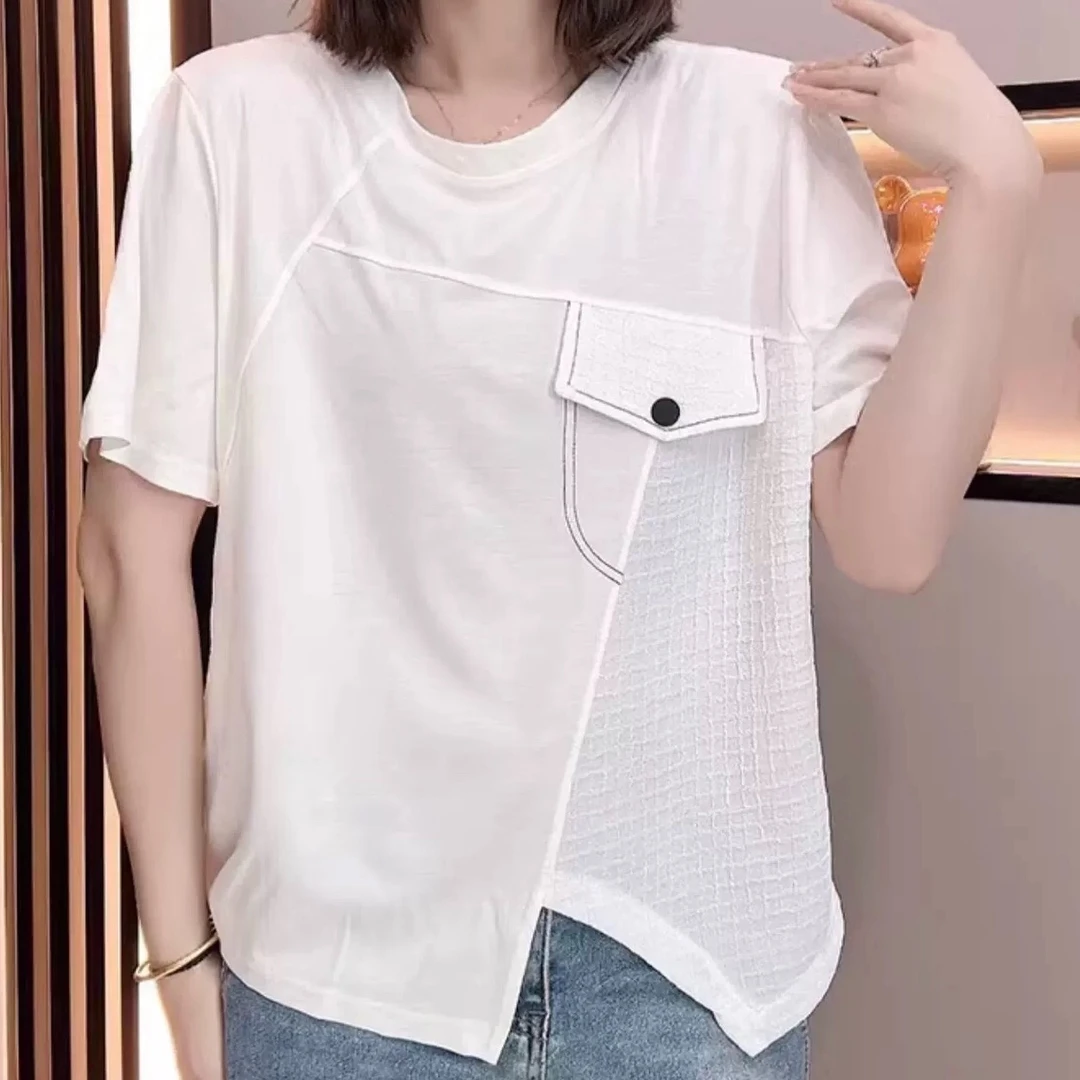 设计感白色短袖t恤2024新款减龄夏装显瘦时尚洋气不规则大码上衣