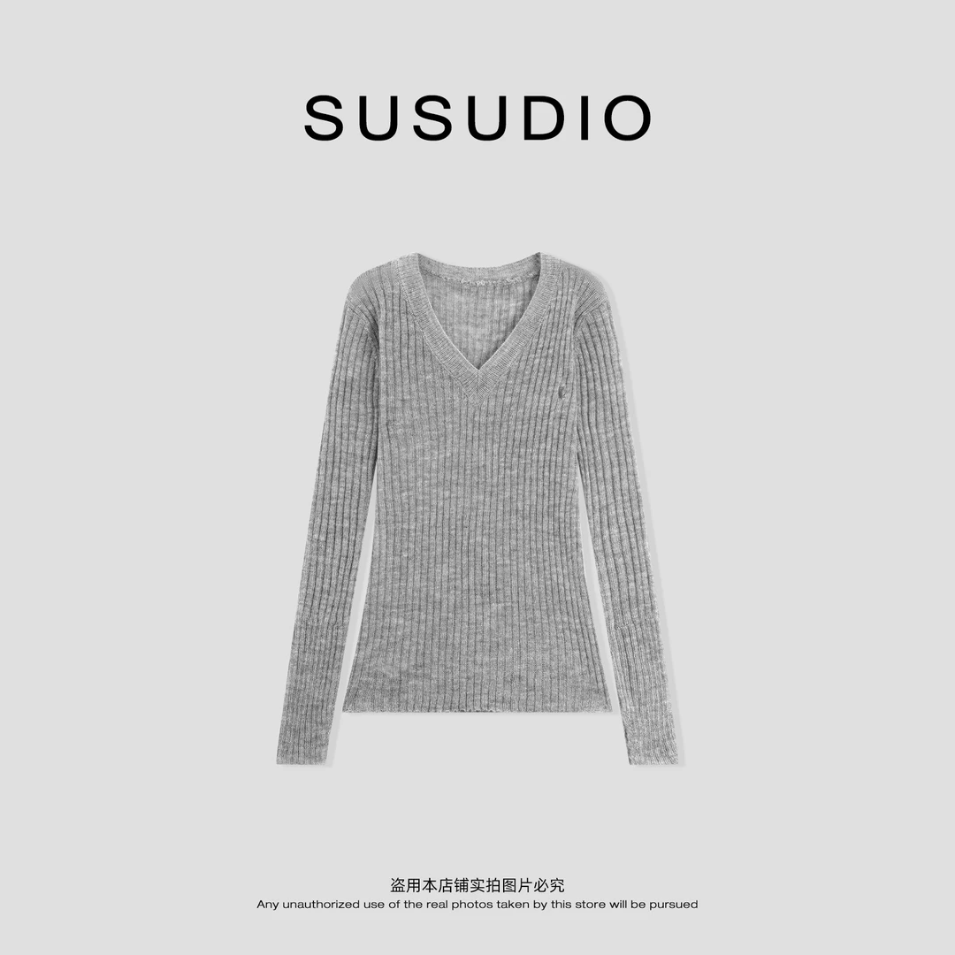 SUSUDIO 马海毛羊毛 早秋极简修身竖坑条V领长袖针织衫 50183
