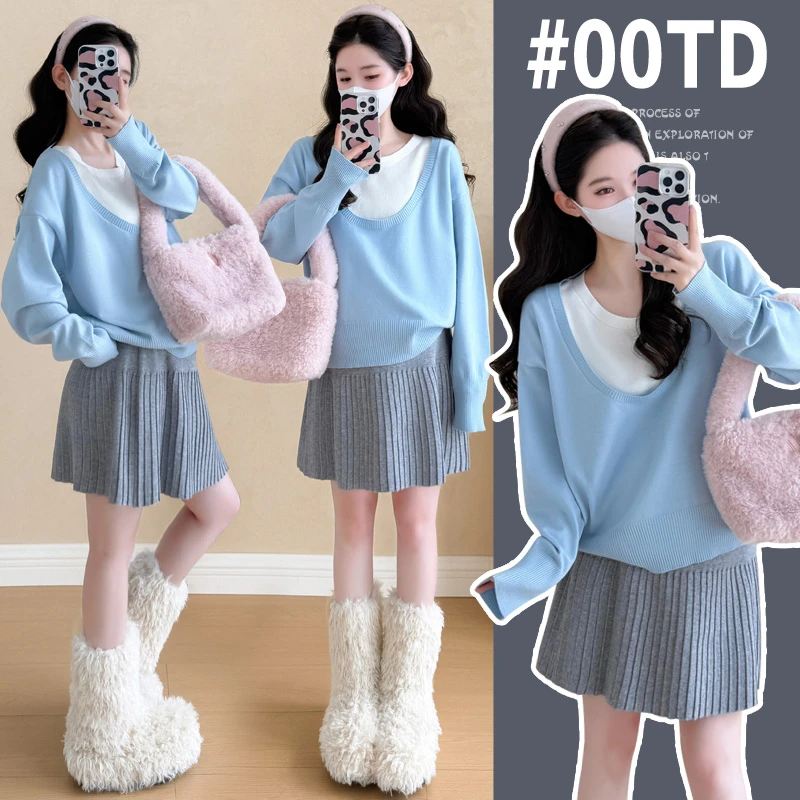 俏皮减龄早秋季外穿孕妇装爆款洋气绝美假两件上衣百褶半身裙套装