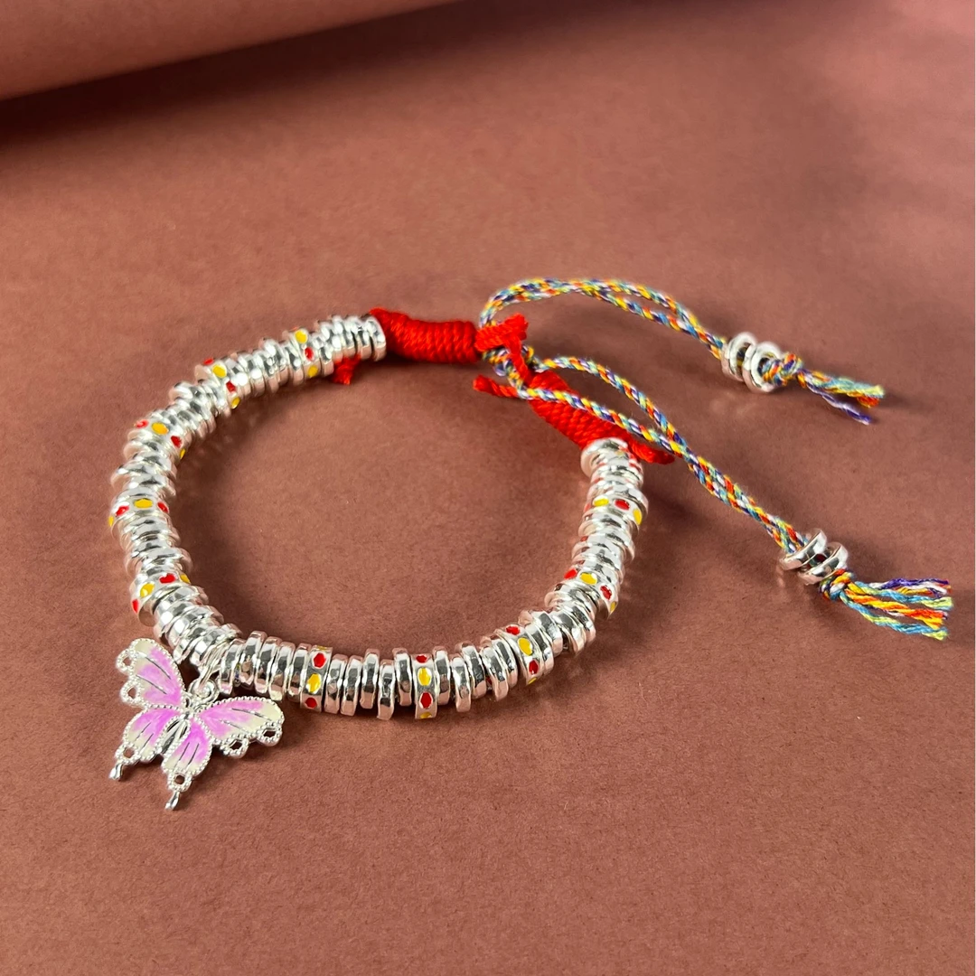 足银手链 999足银手链 珐琅彩蝴蝶坠盘缠手串女款红绳银手链国风