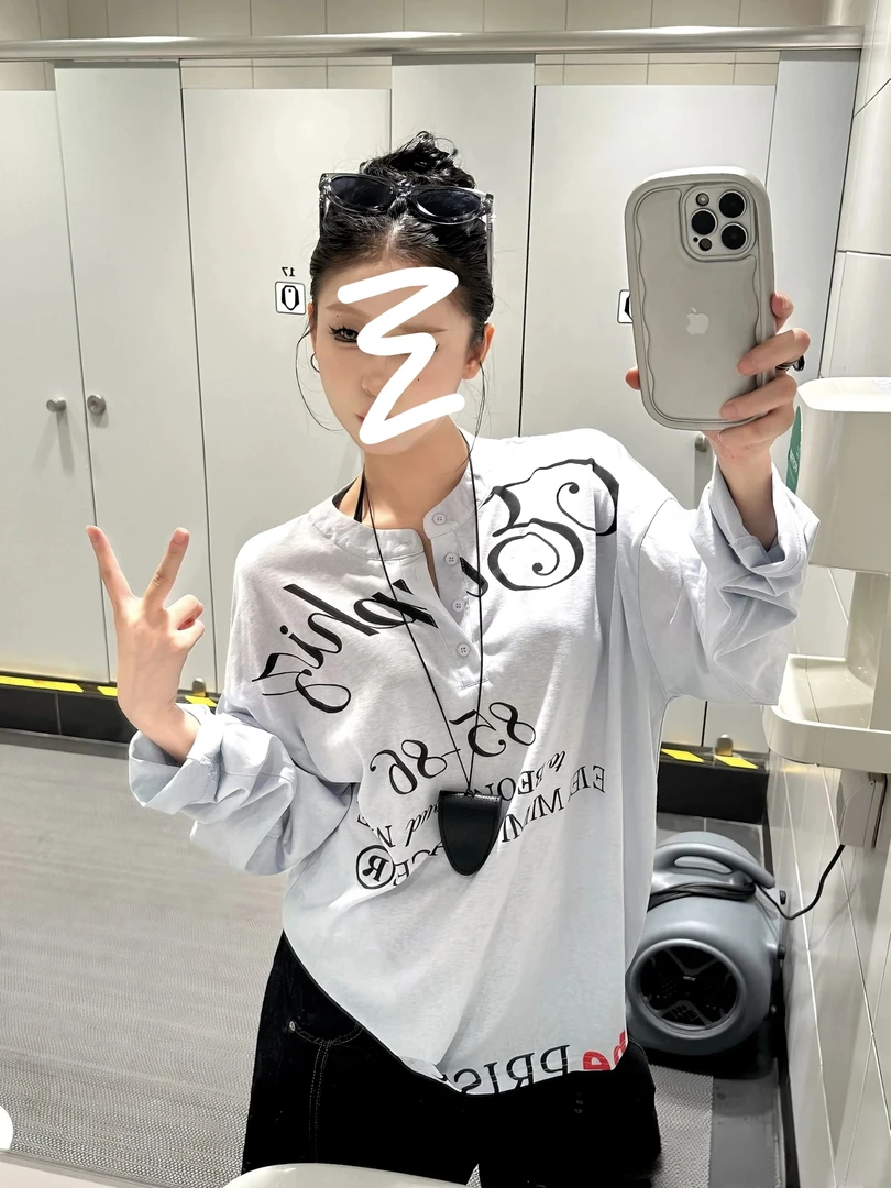 辣椒酱 半开领T恤女套头纽扣亨利领假日风早秋长袖慵懒风防晒ins