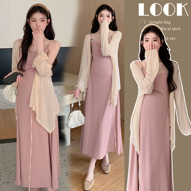 孕妇套装连衣裙薄款防晒开衫外套女+针织长款吊带连衣裙套装