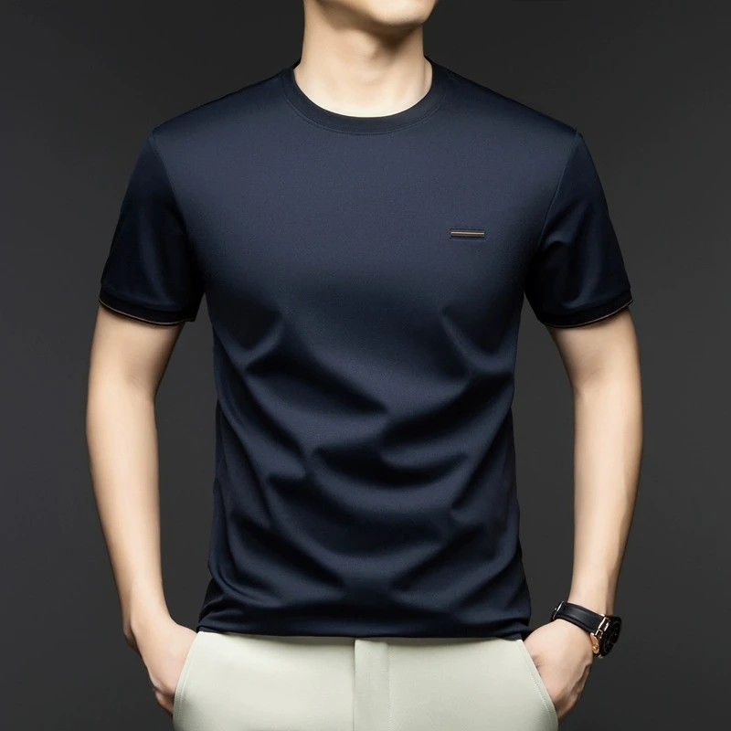 夏季男士高端圆领短袖T恤商务休闲轻奢纯色半袖体恤打底衫上衣潮