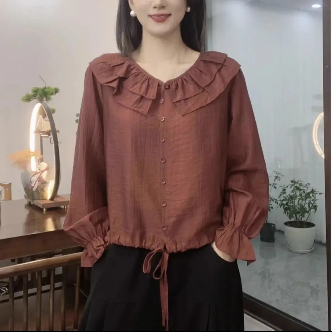 时尚妈妈装花边领纯色抽绳气质漂亮小衫春季新款时尚显瘦长袖上衣